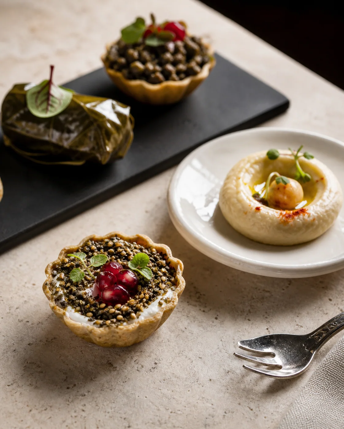 Modern Levantine canapés arranged on pale stone